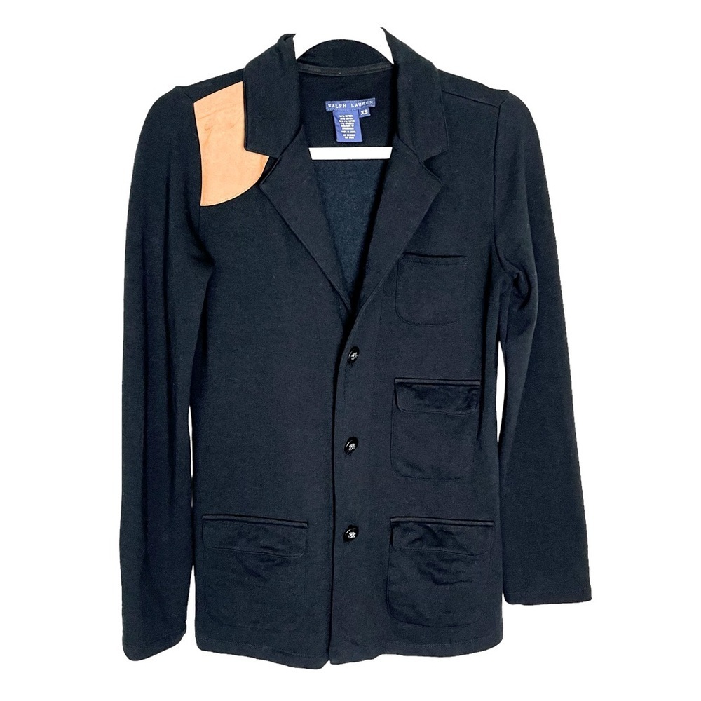 Ralph Lauren Blue Label Shooting Jacket Black XS Tan Suede Shoulder Patch Riding